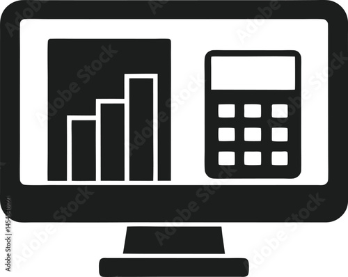 Silhouette Vector of Monitor with Bar Chart and Calculator – Financial Dashboard Icon