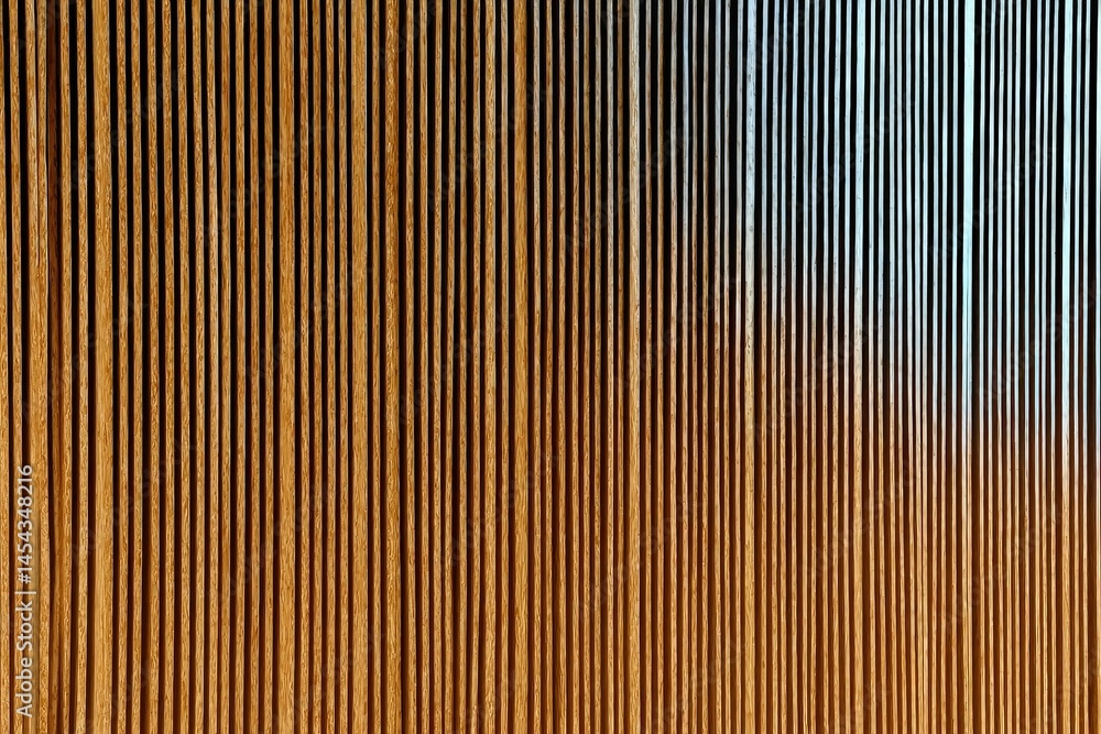 Obraz premium Vertical wooden and metal stripes create a modern, textured wall with a minimalist, linear pattern.