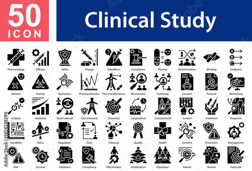Clinical Study Icon Collection Set. Pharmacology,Dosage,Side-effects,Compliance,Placebo,Randomization,Blinding,Endpoints,Adverse,Toxicity,Biomarkers,Pharmacokinetics, Icon Symple Glyph Vector