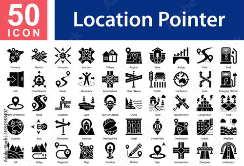Location Pointer Icon Collection Set. Province,District,Compass,Junction,Village,Region,State,Bridge,Path,Fuel,Exit,Coordinates,Route,Boundary, Icon Symple Glyph Vector
