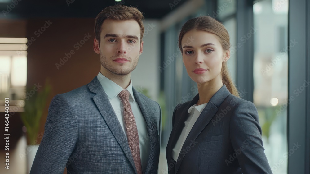 Professional couple in business attire, standing side by side in an office environment Professional couple in business attire, standing side by side in an office environment