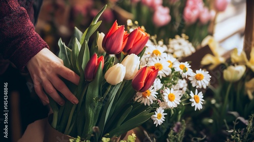 Gentle touch arranging a vibrant bouquet of spring tulips and daisies
