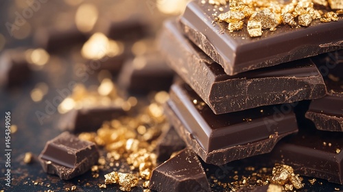 Decadent dark chocolate squares adorned with shimmering edible gold leaf