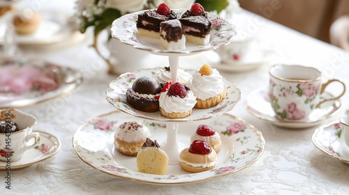 Elegant afternoon tea assortment on vintage tiered stand with floral teacups