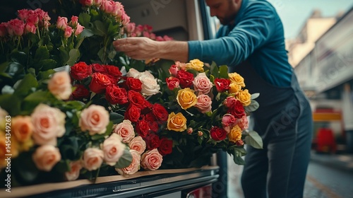 Florist preparing fresh rose arrangements in a delivery van, urban scene