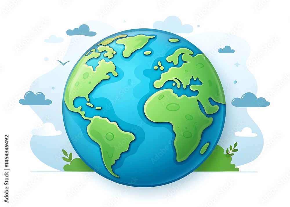 Naklejka premium Illustrated cartoon earth globe with clouds and green landmasses on a white background