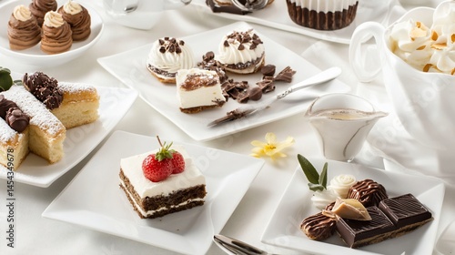 Variety of Elegant Dessert Presentation on White Plates for Fine Dining Concept