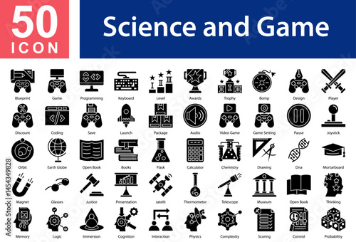  Science and game Icon Collection Set. Blueprint,Game,Programming,Keyboard,Level,Awards,Trophy,Bomp,Design,Player,Discount,Coding ,  Icon Symple Glyph Vector