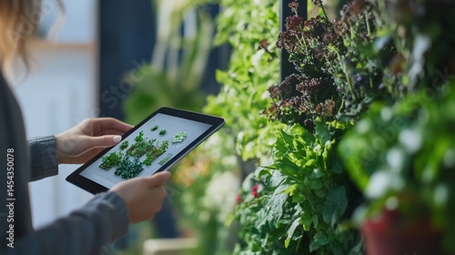Modern urban gardening technology: Woman uses tablet to manage vertical garden