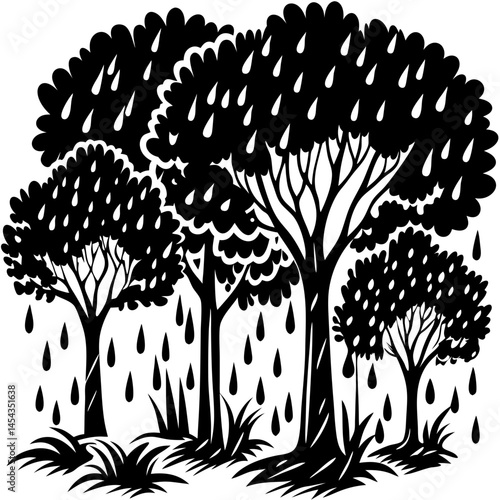 Rainforest rain Tree Silhouette Isolated on transparent background
