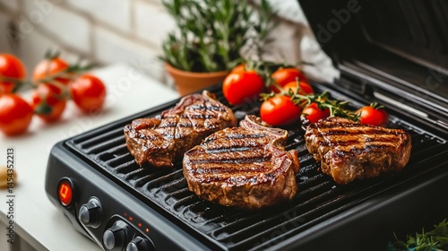 Succulent steaks sizzle to perfection on an indoor electric grill station