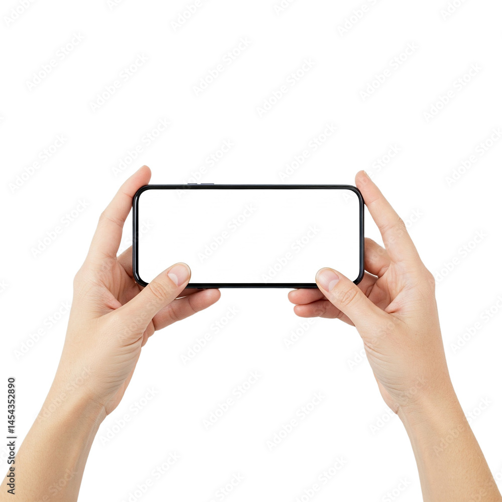 Two hands hold a black smartphone with a blank white screen. Two hands hold a black smartphone with a blank white screen.
