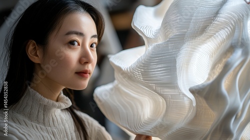 Asian woman presenting a modern, layered, organic art sculpture design