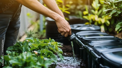 Recycling rainwater for garden watering system, promoting sustainable lifestyle