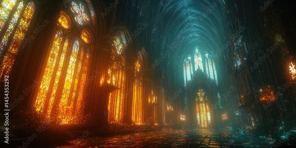 Fototapeta premium An ancient cathedral illuminated by bioluminescent stained glass and radiant altars, standing in a mystical city.
