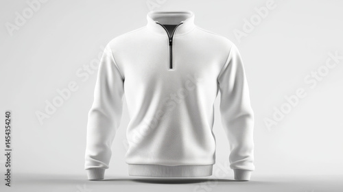 3D front view of a plain white quarter-zip sweater, showing a soft knit pullover with a zippered neck, designed for winter fashion and isolated for presentation