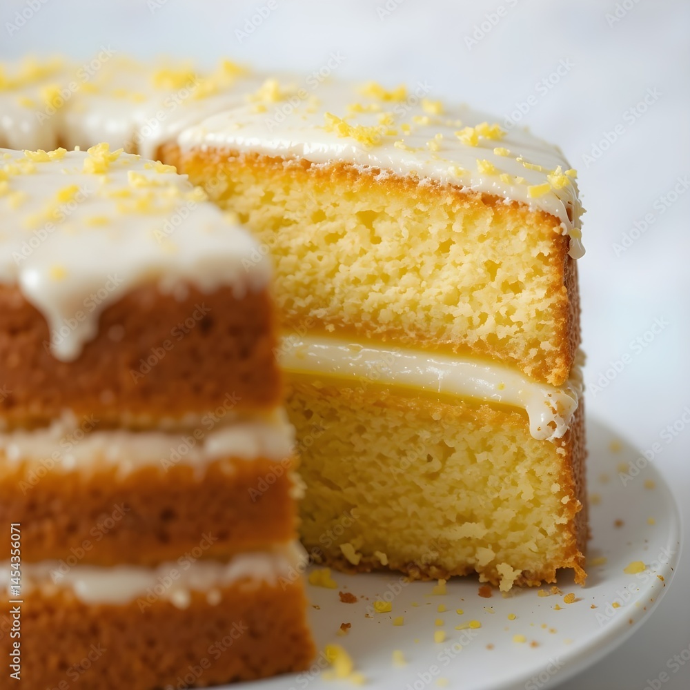 Serving Piece Cut From a Two Layered Sponge Cake with White Glaze Serving Piece Cut From a Two Layered Sponge Cake with White Glaze