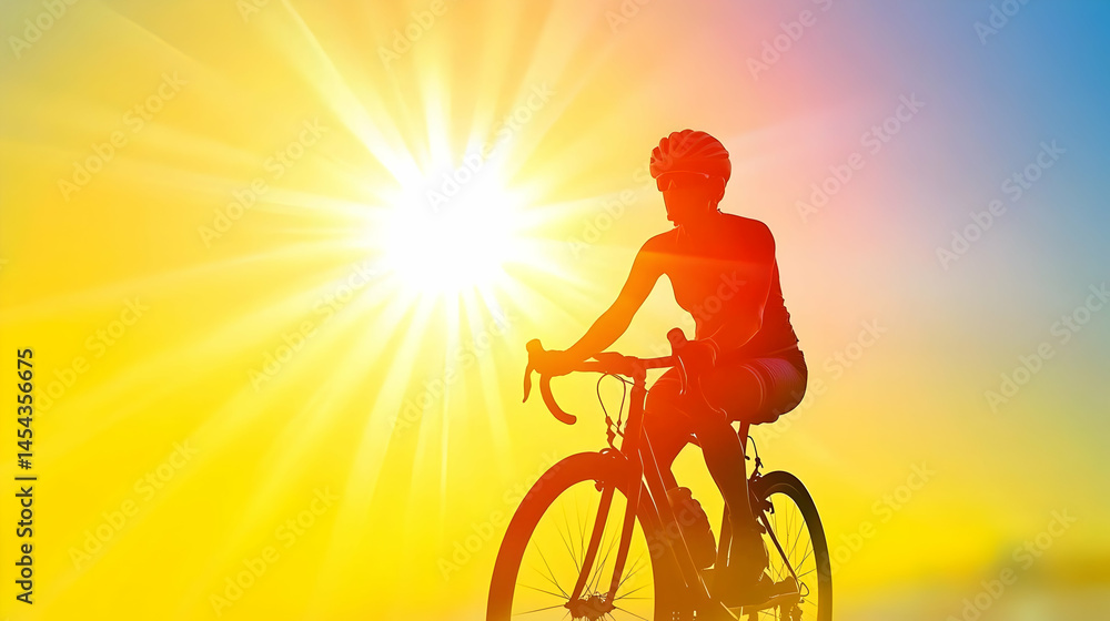Fototapeta premium Silhouette of a cyclist against a vibrant sunset. A woman on a road bike, focused on the trail, under a brilliant sun