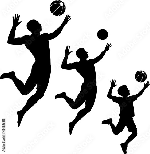 set of male volleyball player silhouettes. athlete doing jump spike. various different pose, gesture. vector illustration.