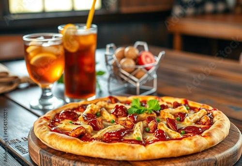 Wallpaper Mural Delicious BBQ Chicken pizza on rustic wooden table Torontodigital.ca