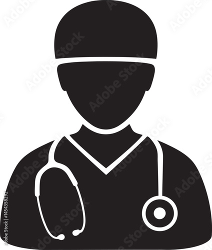A Silhouette Vector Icon of a Medical Doctor in White Coat with Stethoscope on White Background, vector illustration of a doctor