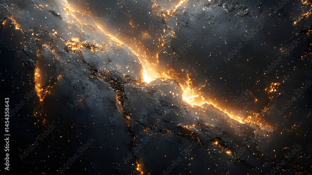 Fototapeta premium Cracked galaxy texture with glowing gold and silver stars on black surface