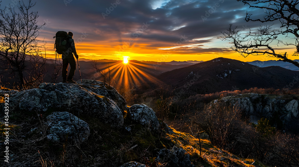 Fototapeta premium Silhouette of hiker atop mountain peak at sunrise. Vast vista of hills and valleys bathed in golden light