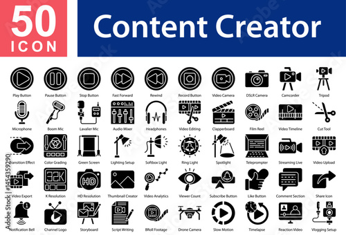 Content Creator Icon Collection Set. Play Button,Pause Button,Stop Button,Fast Forward,Rewind,Record Button,Video Camera,DSLR Camera,Camcorder,Tripod,Microphone, Icon Symple Glyph Vector