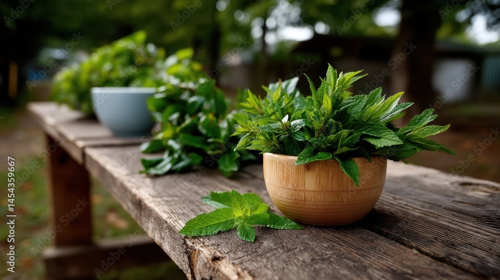 Fresh Mint Herbs in Wooden Bowl on Rustic Outdoor Wooden Table with Green Garden Background Fresh Mint Herbs in Wooden Bowl on Rustic Outdoor Wooden Table with Green Garden Background