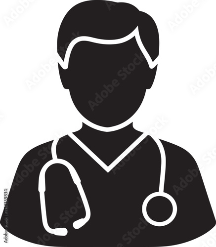 Vector Silhouette Icon of a Doctor Wearing White Coat and Stethoscope on White Background, vector illustration of a doctor with a stethoscope