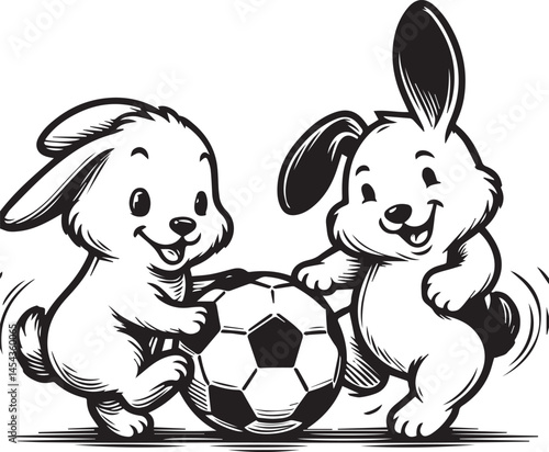 Cute cartoon rabbit and dog playing cricket. A whimsical black and white illustration of a rabbit and a dog playing cricket.