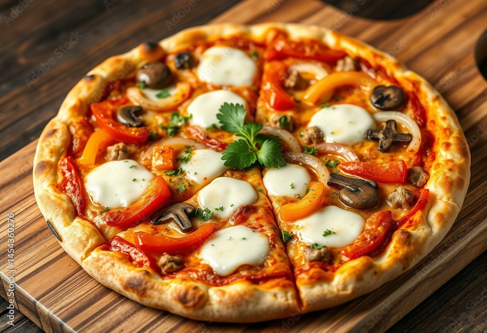A mouthwatering veggie pizza on a wooden cutting board A mouthwatering veggie pizza on a wooden cutting board