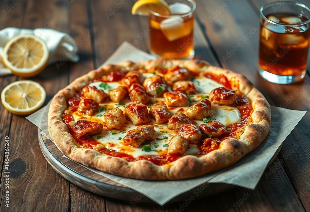 Crisp pizza crust, melted mozzarella cheese, and juicy chicken pieces on a rustic wooden table. Crisp pizza crust, melted mozzarella cheese, and juicy chicken pieces on a rustic wooden table.