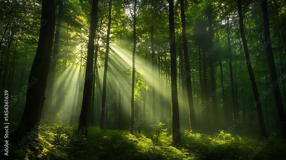 Obraz premium Sunlight streams through a dense forest canopy.