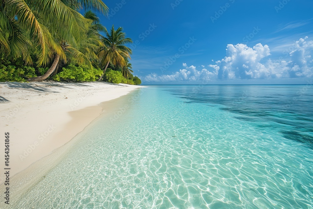 Fototapeta premium Tropical beach with crystal clear water and palm trees in paradise setting