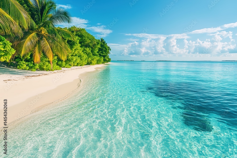 Fototapeta premium White sandy beach with turquoise water and palm trees under clear sky
