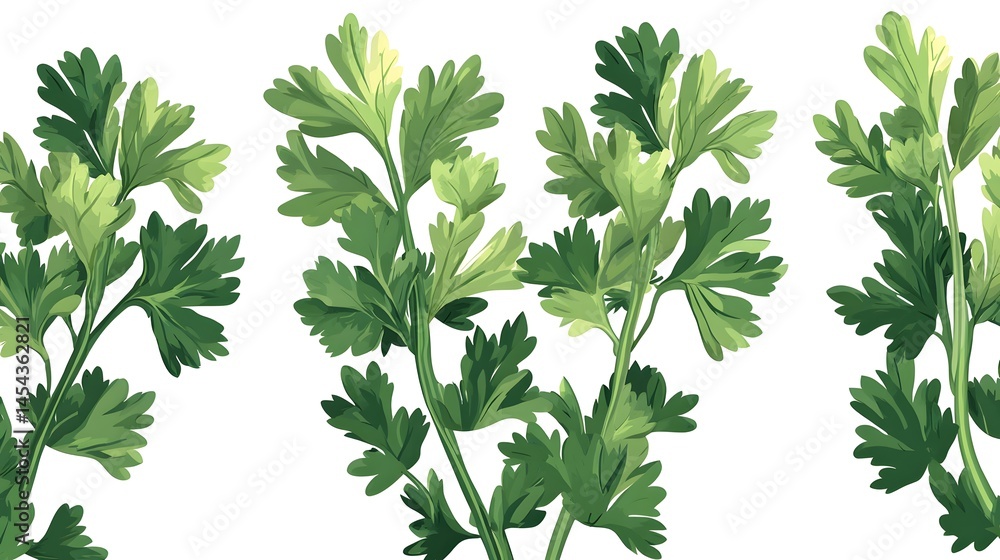 Fototapeta premium Fresh, vibrant sprigs of parsley in a patterned arrangement.