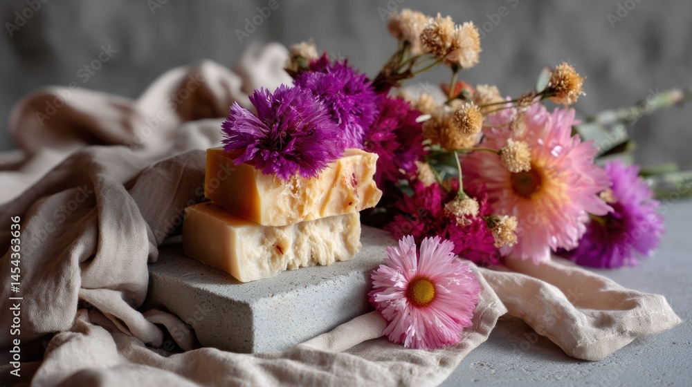 Natural Handmade Soap Bars with Fresh Pink and Purple Flowers on Soft Fabric and Stone Base Natural Handmade Soap Bars with Fresh Pink and Purple Flowers on Soft Fabric and Stone Base