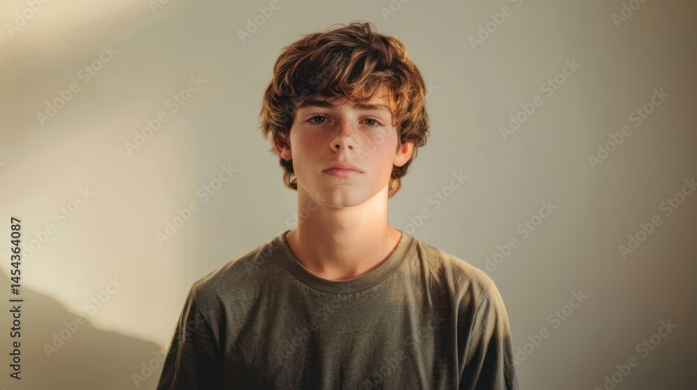 Fototapeta premium Teen boy portrait, casual T-shirt, bright lighting, neutral backdrop