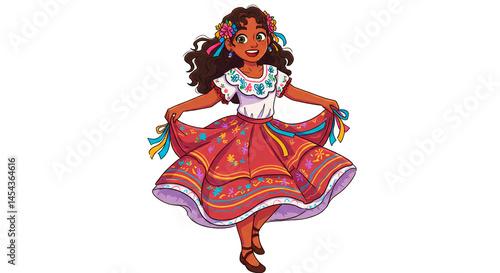 Young woman with a big smile wearing a traditional festive dress with flowers and ribbons dancing against a black background.
