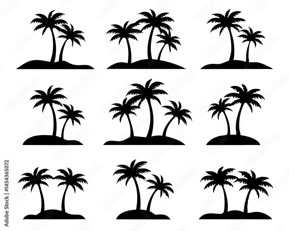 Fototapeta premium Set of 6 Tropical Islands with Palm Trees isolated on transparent background 