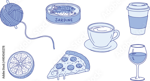 Summer Italy. Amalfi or Sicily dinner menu vector illustrations. Image of Italian Mediterranean food and wine, pizza, sardines can, lemon