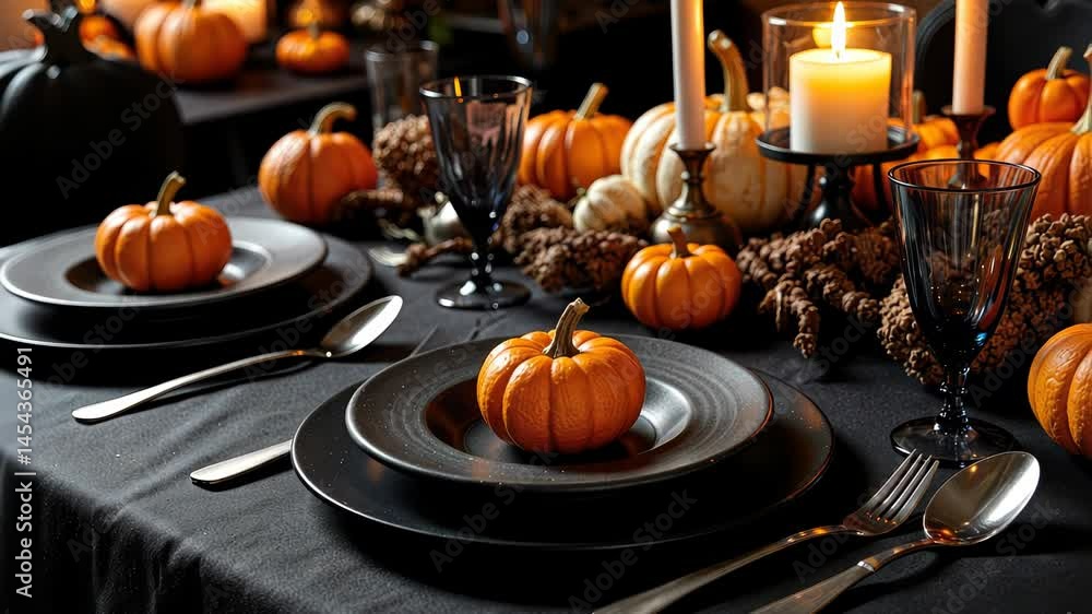 Elegant Halloween table setting with pumpkins and candles Elegant Halloween table setting with pumpkins and candles