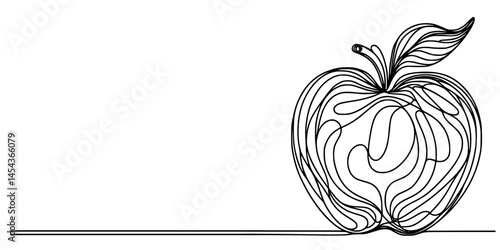 Creative Line Art Apple, Sleek and Simple Fruit Representation, hand-drawn apple illustration using continuous stroke artistry, offering a refined and elegant approach to fruit symbol