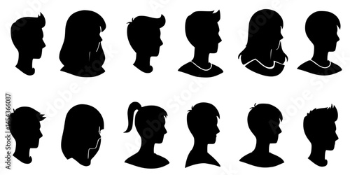 Silhouette Profiles of Diverse Individuals, Collection of Unique Head Shapes, features a structured collection of twelve silhouette profiles, each showcasing distinct hairstyles and facial features