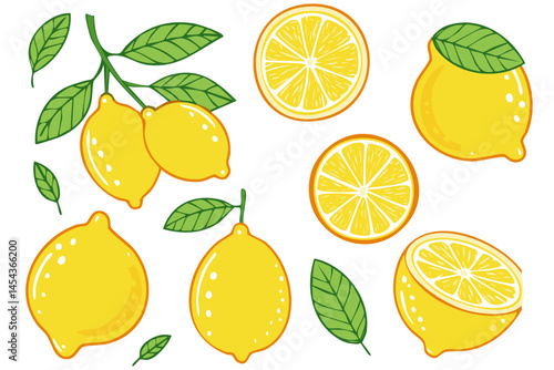 Lemons fruits on branches with leaves and slices vector illustration set. Clipart of summer italian transiterranean citrus fruits on isolated background. For packaging design and ingredients.