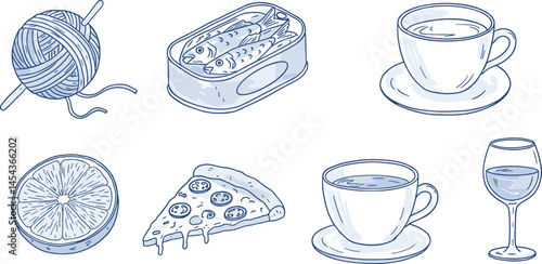Summer Italy. Amalfi or Sicily dinner menu vector illustrations. Image of Italian Mediterranean food and wine, pizza, sardines can, lemon