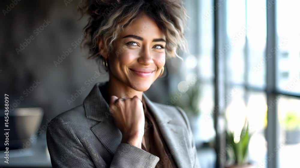Confident afro woman in business attire, upper body portrait in modern office, natural window light from side, Confident afro woman in business attire, upper body portrait in modern office, natural window light from side,