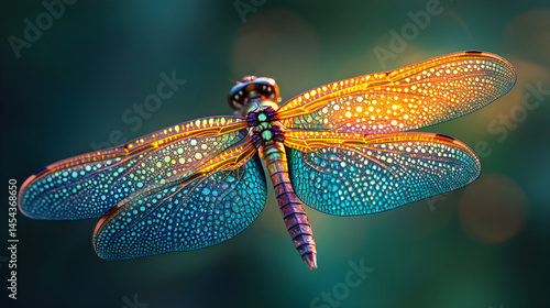 Close-up of an iridescent dragonfly wing resting gently against a vibrant green backdrop