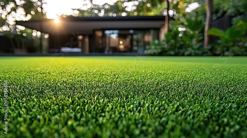 Modern home with lush, green artificial turf lawn